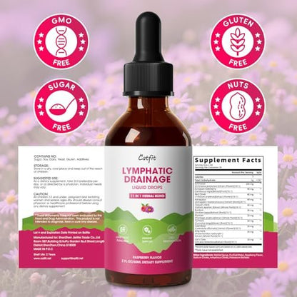 Lymphatic Drainage Supplements Drops for Immune, Lymph System Support, Cleanse & Detox, Liver Health with Echinacea, Elderberry, Cleavers Herb, Burdock, Calendula, Non-GMO, Raspberry Flavor, 2 Fl Oz