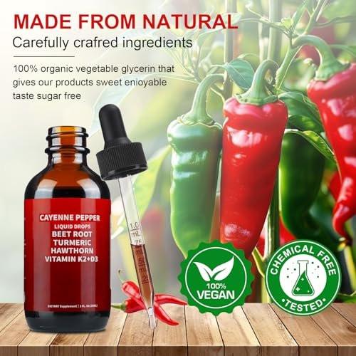 Cayenne Pepper Drops, Cayenne Pepper Hawthorn Beet Root Turmeric Curcumin, Vitamin K2 & D3, Cayenne Health Supplements, Gentle Formula, Vegan-Friendly, Easily Absorbed - 60ml - görsel 8