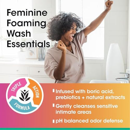 vH Essentials Feminine Foaming Wash with Boric Acid and Prebiotics, Odor Eliminating pH-Balanced Daily Cleanser with Lavender and Chamomile, 5 fl oz