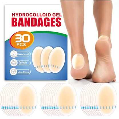 Hydrocolloid Blister Bandages – 30 Count Oval Blister Pads for Feet, Toes & Heels – Thick Cushioned, Waterproof, Long-Lasting Protection Against Friction (Heel, One Size)