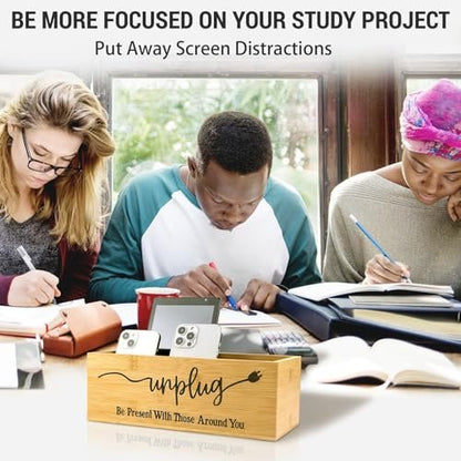 Bamboo Wood Phone Box – Unplug from Phones, Tablets, and Electronics for Study, Meetings, and Family Time, Phone Holder Organizer with Charging Holes, Farmhouse Style, Holds Up to 18 Phones-Wood