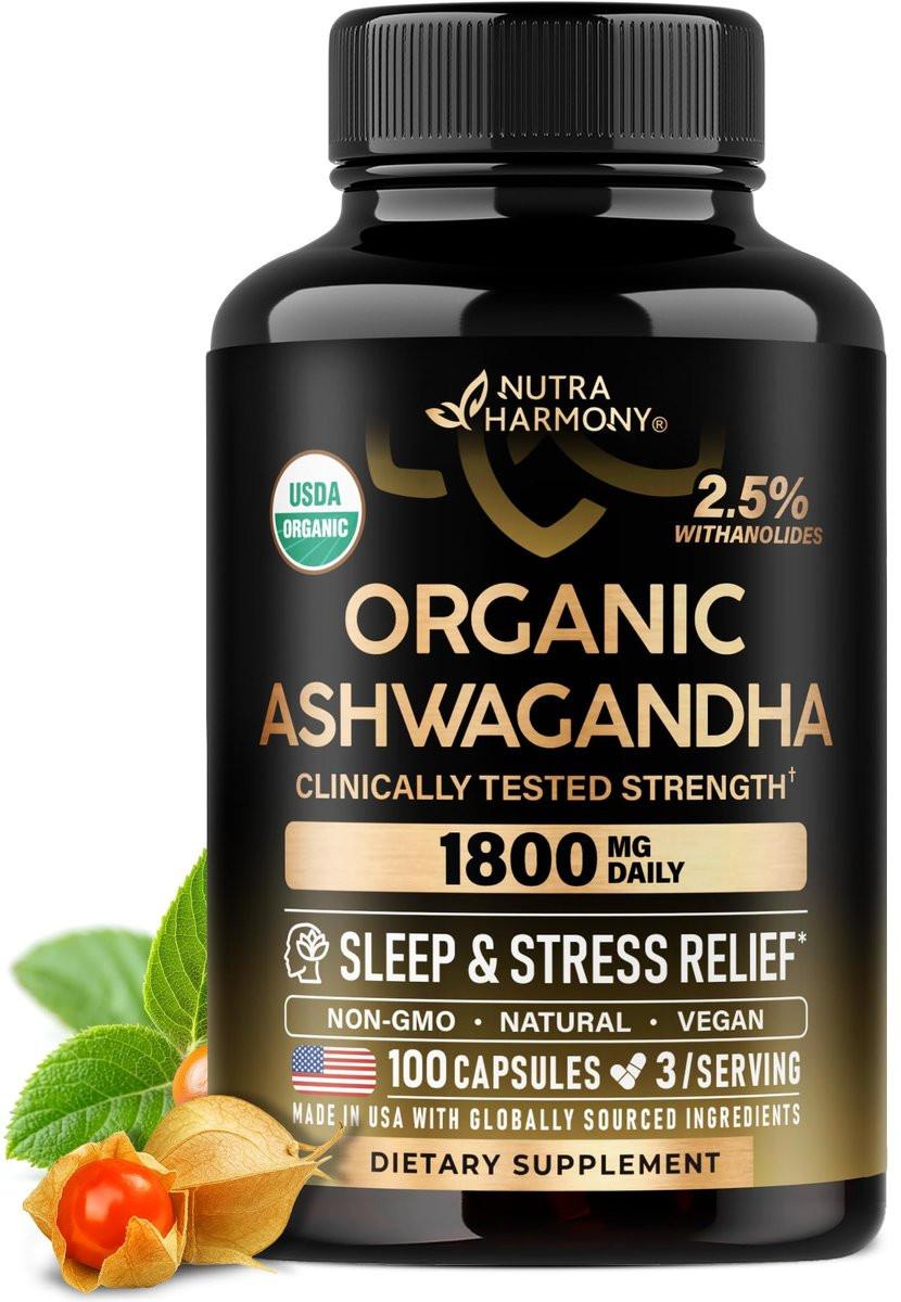 Ashwagandha Supplements 1800mg - USDA Organic Ashwagandha for Women & Men - Clinically Effective Strength for Stress Relief & Sleep - Powder & Root Extract 2.5% Withanolides - 100 Capsules - görsel 2