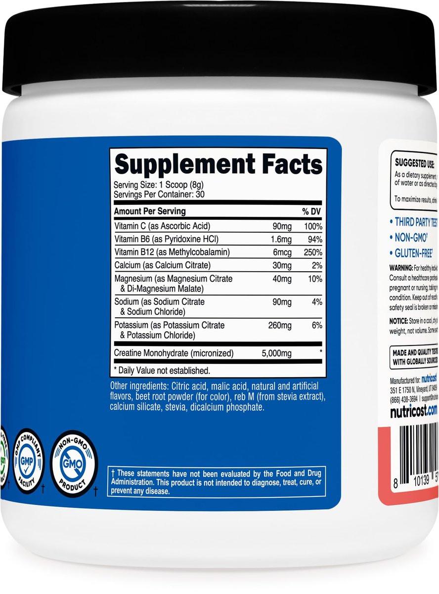 Nutricost Creatine Monohydrate + Hydration Watermelon Flavored (30 Servings) - 7 Vitamins & Minerals, 5000mg of Creatine Per Serving - görsel 1