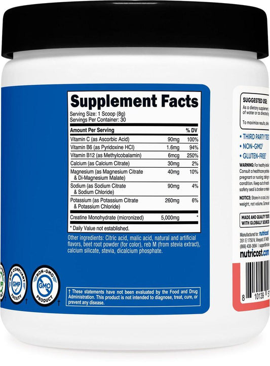 Nutricost Creatine Monohydrate + Hydration Watermelon Flavored (30 Servings) - 7 Vitamins & Minerals, 5000mg of Creatine Per Serving