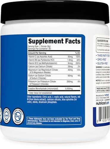 Nutricost Creatine Monohydrate + Hydration Blue Raspberry Flavored (30 Servings) - 7 Vitamins & Minerals, 5000mg of Creatine Per Serving - görsel 1
