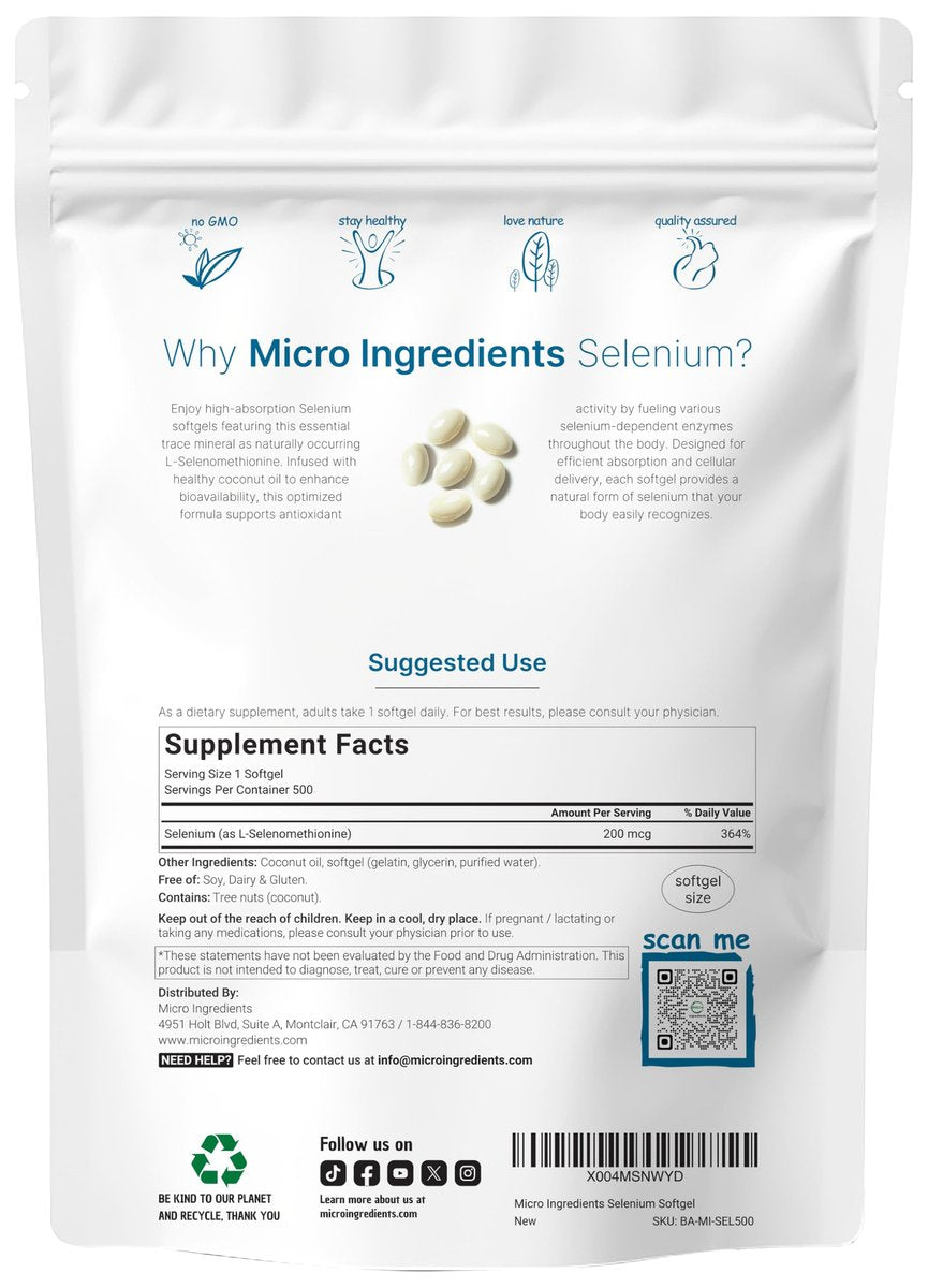 Micro Ingredients Selenium Supplements for Women & Men 200mcg, 500 Softgels with Coconut Oil | Essential Trace Mineral as Selenomethionine | Antioxidant for Energy, Heart, & Immune Support - görsel 3