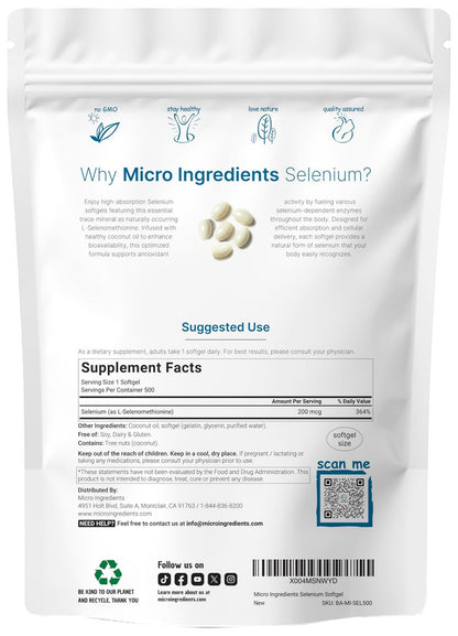 Micro Ingredients Selenium Supplements for Women & Men 200mcg, 500 Softgels with Coconut Oil | Essential Trace Mineral as Selenomethionine | Antioxidant for Energy, Heart, & Immune Support