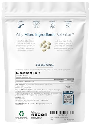 Micro Ingredients Selenium Supplements for Women & Men 200mcg, 500 Softgels with Coconut Oil | Essential Trace Mineral as Selenomethionine | Antioxidant for Energy, Heart, & Immune Support