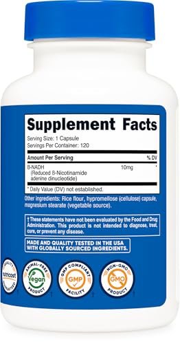 Nutricost NADH 10mg Per Serving 120 Capsules - B-Nicotinamide Adenine Dinucleotide, Vegan, Gluten-Free - görsel 1
