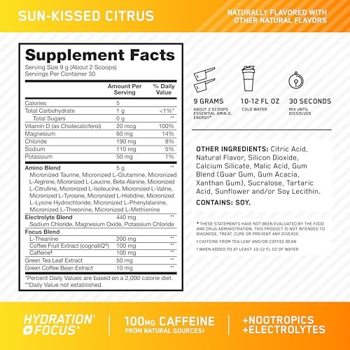 Optimum Nutrition Amino Energy Powder Plus Focus, with BCAA, Electrolytes, and Caffeine, Sunkissed Citrus, 30 Servings (Packaging May Vary) - görsel 9