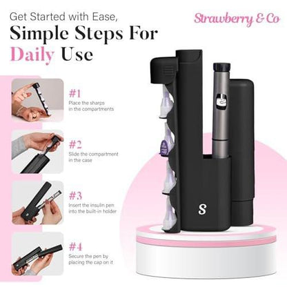 STRAWBERRY & CO Insulin Cooler Travel Case - Built-in Sharps Dispenser & Temperature-Control Organizer- TSA Approved Diabetic Pen Storage for Ozempic, Insulin Pens & Needles - Compact & Leak-Proof