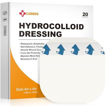 Carbou Hydrocolloid Wound Dressing 4"x4", 20 Individual Pack, Self-Adhesive Ultra Thin Hydrocolloid Bandages, Waterproof Absorbent Hydrocolloid Patch for Wound Care, Bedsore, Burn, Abrasion & Blister