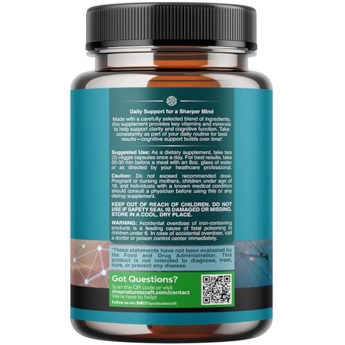 Nootropic Brain Supplement for Memory and Focus Enhancement - Vitamins for Mental Health & Clarity with VIT A, B6, Riboflavin, Niacin, Thiamin & Folate - Cognitive Complex for Mind Vitality - 120ct - görsel 7