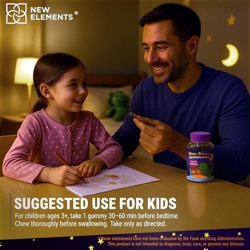 New Elements Melatonin Gummies Kids 2mg with Magnesium Glycinate & Vitamin B6 | Sleep Gummies for Kids | Dinosaur-Shaped Sleep Support | Natural Grape Flavor | Sugar Free | Non-GMO | Gluten Free - görsel 1