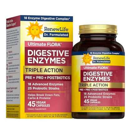 Renew Life Ultimate Flora Digestive Enzymes with Probiotics and Prebiotics | Doctor Formulated | 45 Vegan Capsules | Eases Occasional Gas, Bloating & Discomfort | Dairy, Soy and Gluten Free Supplement