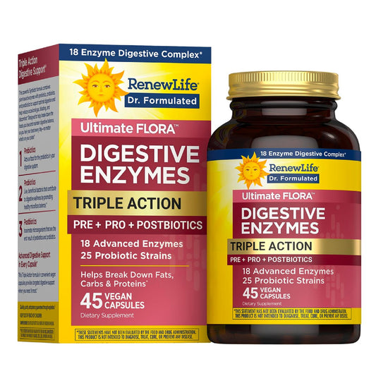Renew Life Ultimate Flora Digestive Enzymes with Probiotics and Prebiotics | Doctor Formulated | 45 Vegan Capsules | Eases Occasional Gas, Bloating & Discomfort | Dairy, Soy and Gluten Free Supplement
