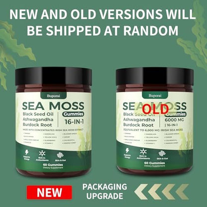 Buporai Sea Moss Gummies 16-1, Black Seed Oil Ashwagandha Turmeric Bladder Wrack Vitamin C Vitamin D3 Elderberry Manuka Dandelion Yellow Dock Apple Cider Vinegar for Men & Women