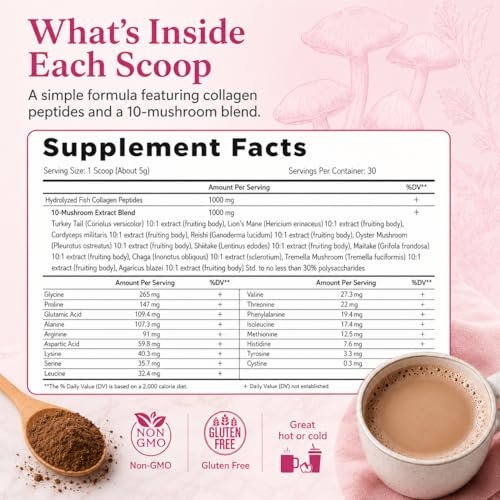 Suiyilary Mushroom Coffee with Collagen, 10 Mushroom Extract Powder Blend Lion's Mane, Brain Supplements with Instant Coffee for Energy, Focus, Skin and Immunity 150g 30 Serving - görsel 18