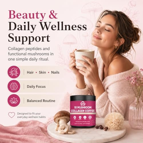 Suiyilary Mushroom Coffee with Collagen, 10 Mushroom Extract Powder Blend Lion's Mane, Brain Supplements with Instant Coffee for Energy, Focus, Skin and Immunity 150g 30 Serving - görsel 10