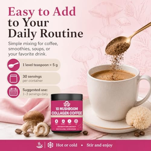 Suiyilary Mushroom Coffee with Collagen, 10 Mushroom Extract Powder Blend Lion's Mane, Brain Supplements with Instant Coffee for Energy, Focus, Skin and Immunity 150g 30 Serving - görsel 16