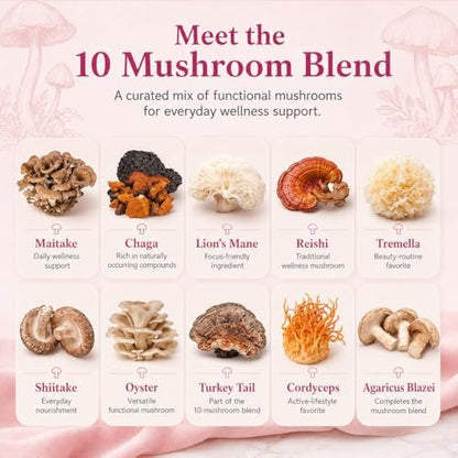 Suiyilary Mushroom Coffee with Collagen, 10 Mushroom Extract Powder Blend Lion's Mane, Brain Supplements with Instant Coffee for Energy, Focus, Skin and Immunity 150g 30 Serving