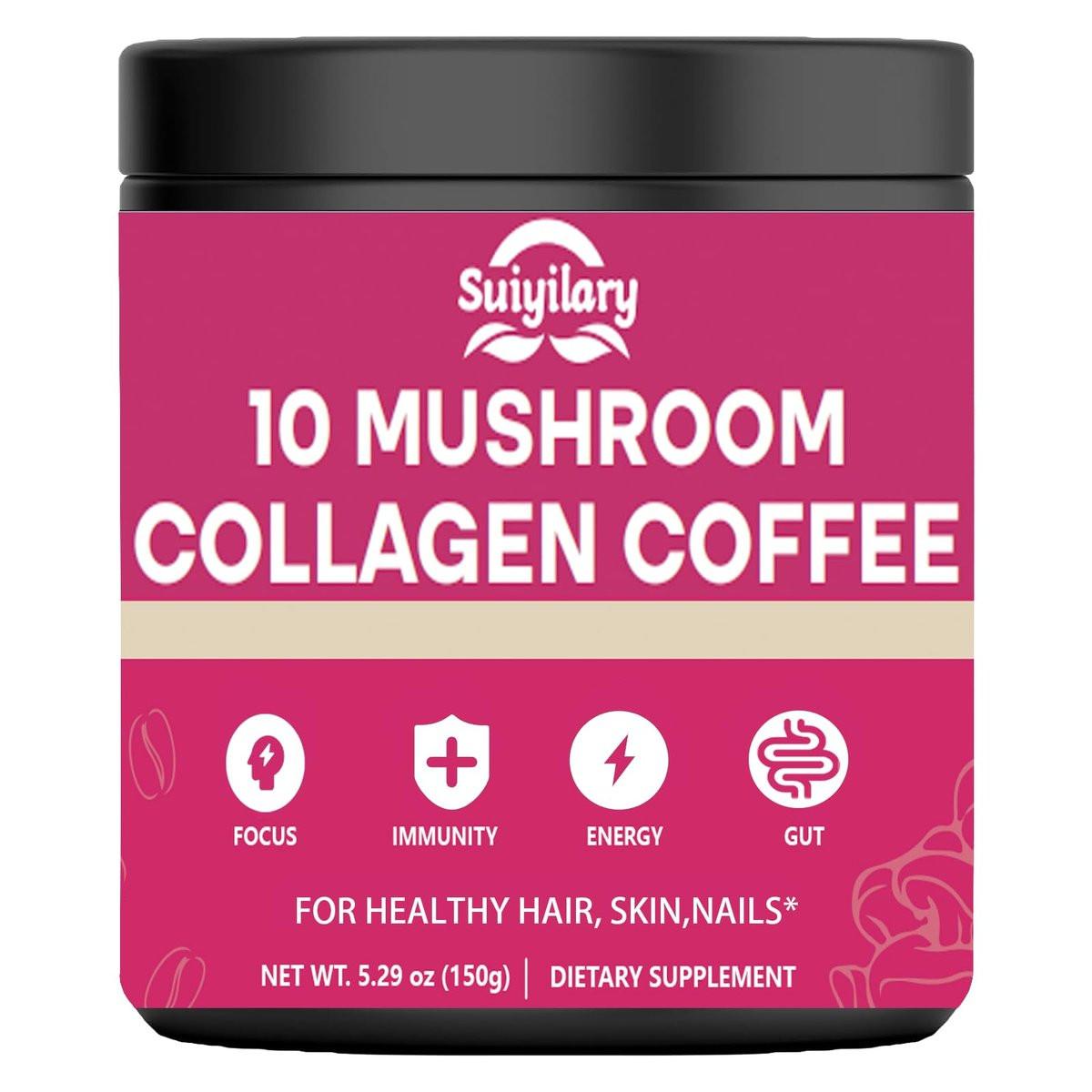 Suiyilary Mushroom Coffee with Collagen, 10 Mushroom Extract Powder Blend Lion's Mane, Brain Supplements with Instant Coffee for Energy, Focus, Skin and Immunity 150g 30 Serving - görsel 1