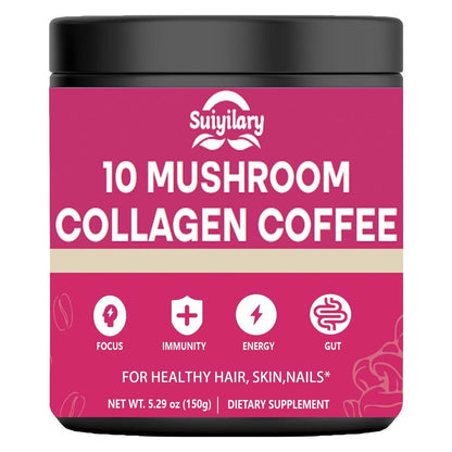 Suiyilary Mushroom Coffee with Collagen, 10 Mushroom Extract Powder Blend Lion's Mane, Brain Supplements with Instant Coffee for Energy, Focus, Skin and Immunity 150g 30 Serving