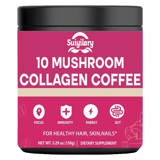 Suiyilary Mushroom Coffee with Collagen, 10 Mushroom Extract Powder Blend Lion's Mane, Brain Supplements with Instant Coffee for Energy, Focus, Skin and Immunity 150g 30 Serving