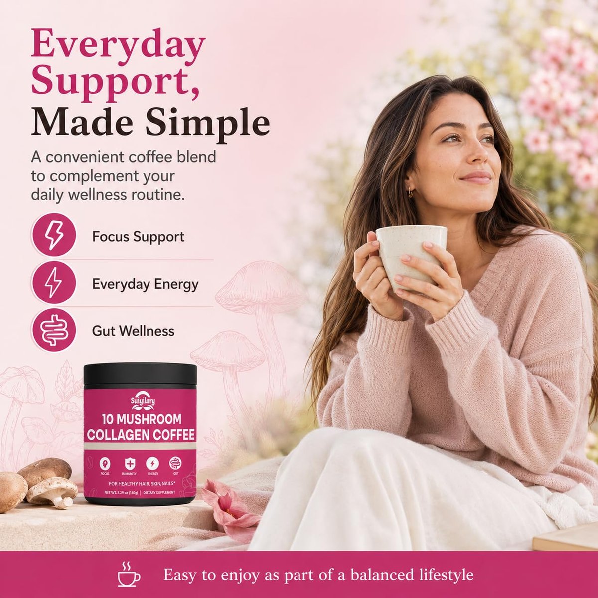 Suiyilary Mushroom Coffee with Collagen, 10 Mushroom Extract Powder Blend Lion's Mane, Brain Supplements with Instant Coffee for Energy, Focus, Skin and Immunity 150g 30 Serving - görsel 7