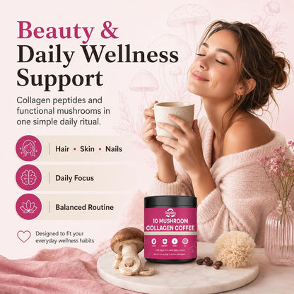 Suiyilary Mushroom Coffee with Collagen, 10 Mushroom Extract Powder Blend Lion's Mane, Brain Supplements with Instant Coffee for Energy, Focus, Skin and Immunity 150g 30 Serving