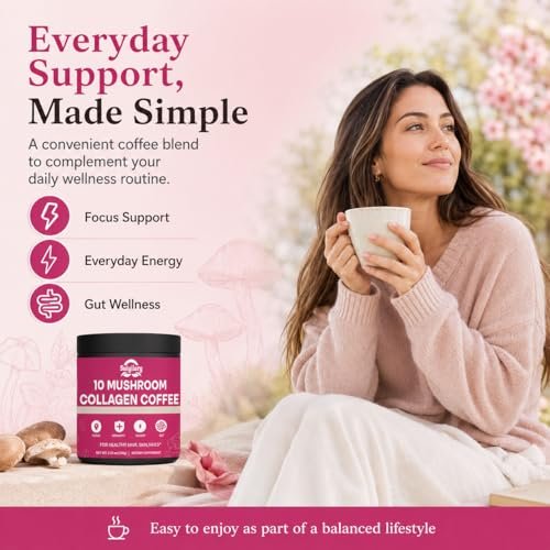 Suiyilary Mushroom Coffee with Collagen, 10 Mushroom Extract Powder Blend Lion's Mane, Brain Supplements with Instant Coffee for Energy, Focus, Skin and Immunity 150g 30 Serving - görsel 8
