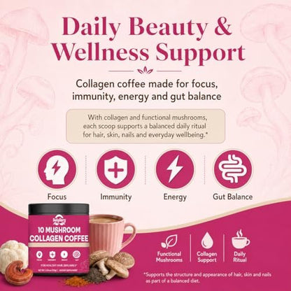 Suiyilary Mushroom Coffee with Collagen, 10 Mushroom Extract Powder Blend Lion's Mane, Brain Supplements with Instant Coffee for Energy, Focus, Skin and Immunity 150g 30 Serving