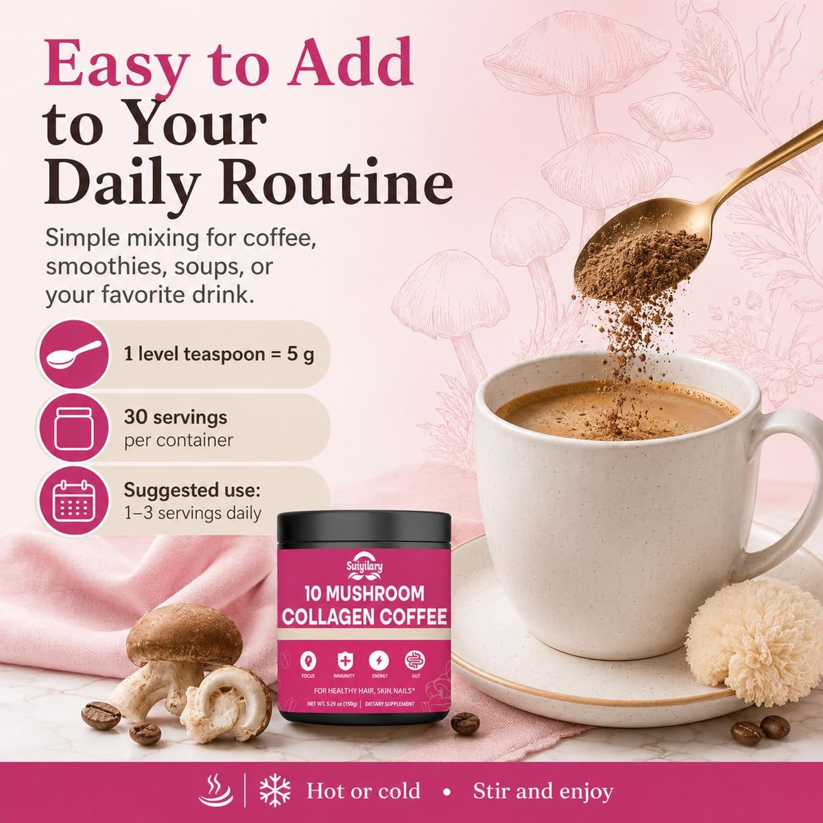 Suiyilary Mushroom Coffee with Collagen, 10 Mushroom Extract Powder Blend Lion's Mane, Brain Supplements with Instant Coffee for Energy, Focus, Skin and Immunity 150g 30 Serving - görsel 15