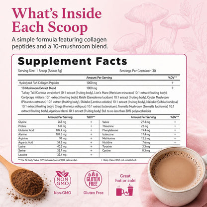 Suiyilary Mushroom Coffee with Collagen, 10 Mushroom Extract Powder Blend Lion's Mane, Brain Supplements with Instant Coffee for Energy, Focus, Skin and Immunity 150g 30 Serving