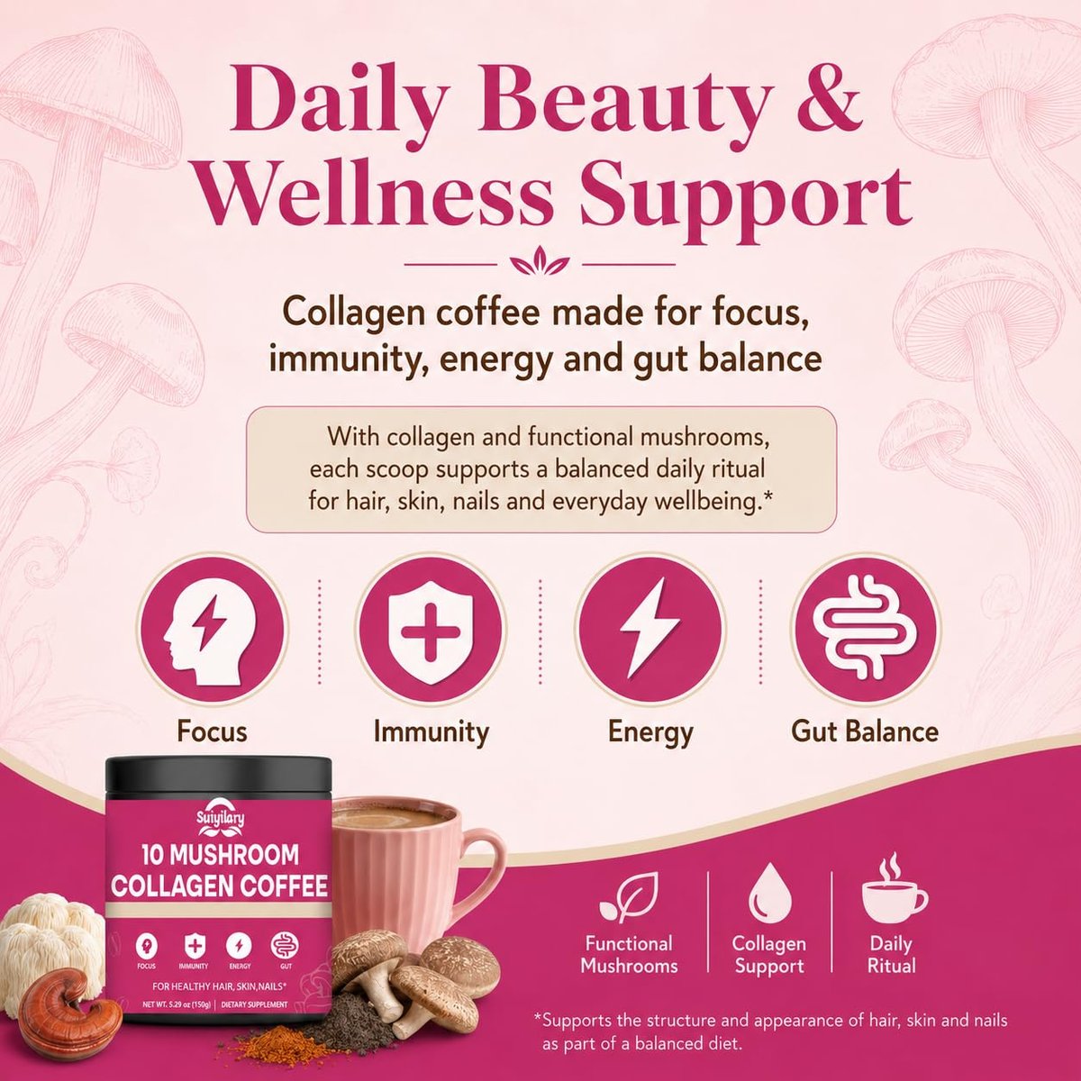 Suiyilary Mushroom Coffee with Collagen, 10 Mushroom Extract Powder Blend Lion's Mane, Brain Supplements with Instant Coffee for Energy, Focus, Skin and Immunity 150g 30 Serving - görsel 5