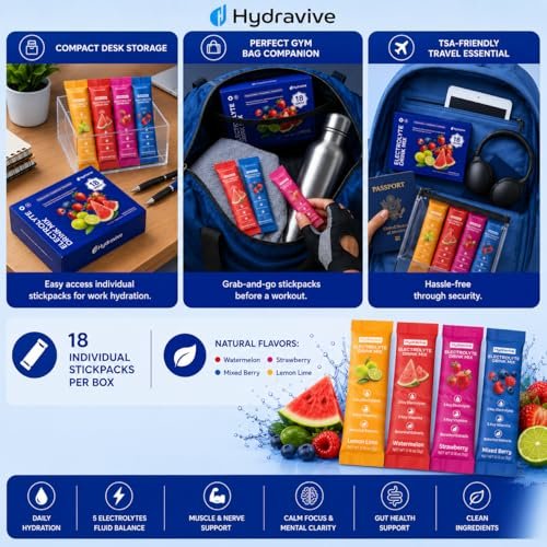 Hydravive Hydration Electrolyte Powder 18 Packs – Sugar Free Liquid Daily IV Drink Mix | 1,000mg Total of 5 Electrolytes, 5 Vitamins | Ashwagandha, L-Theanine | Non-GMO (Variety) - görsel 14