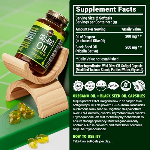 MAJU Oregano Capsules w/Black Seed Oil, 2-in-1 Softgel Oil of Oregano, Potent 90%+ Carvacrol, High Thymoquinone, 60 Count, 500mg per Serving, Wild Oregano and Black Seeds - görsel 2