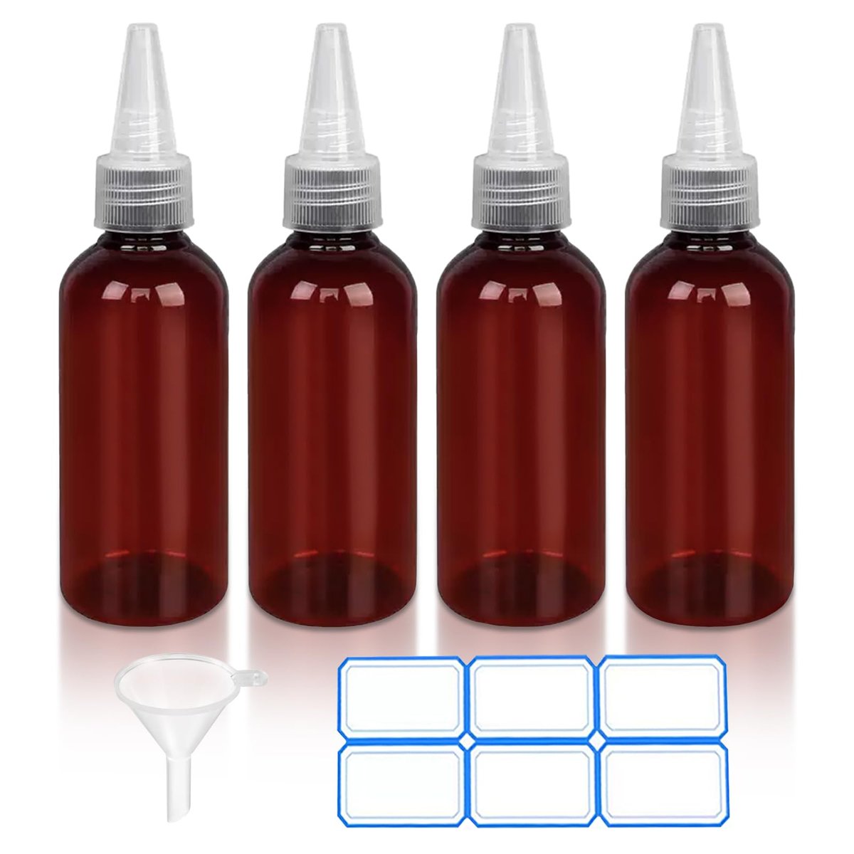 DTDNZKN 4 Pack 1 Oz (30ml) Amber Plastic Essential Oil Bottles with Funnel, Labels for Liquid Storage - No Droppers Needed - görsel 1