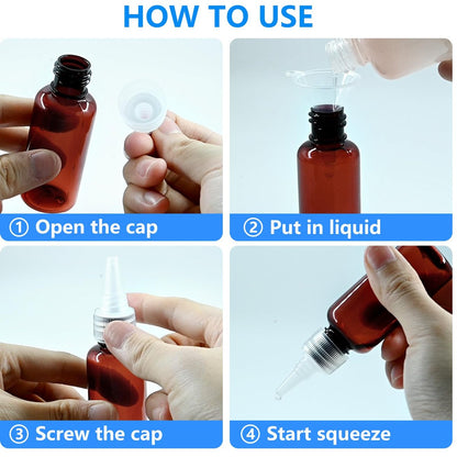 DTDNZKN 4 Pack 1 Oz (30ml) Amber Plastic Essential Oil Bottles with Funnel, Labels for Liquid Storage - No Droppers Needed