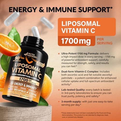 Liposomal Vitamin C 1700 mg - High Absorption Fat Soluble Complex - Antioxidant, Energy Boost & Immune Support - Vitamin C Supplement - NON-GMO, SOY-Free & Gentle on Stomach - 180 Capsules - görsel 8