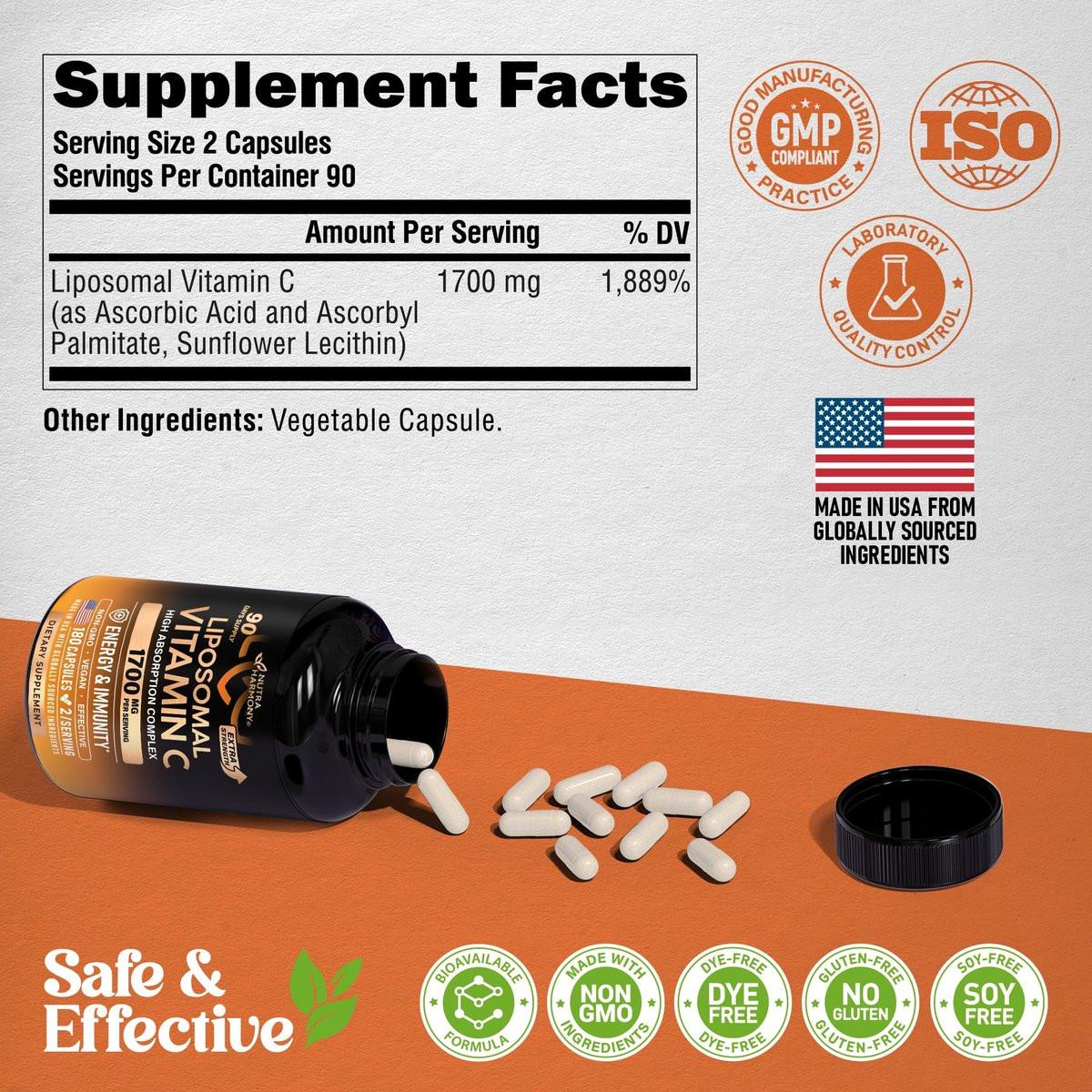 Liposomal Vitamin C 1700 mg - High Absorption Fat Soluble Complex - Antioxidant, Energy Boost & Immune Support - Vitamin C Supplement - NON-GMO, SOY-Free & Gentle on Stomach - 180 Capsules - görsel 11