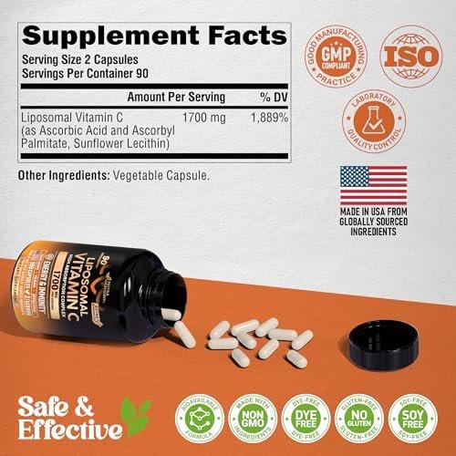 Liposomal Vitamin C 1700 mg - High Absorption Fat Soluble Complex - Antioxidant, Energy Boost & Immune Support - Vitamin C Supplement - NON-GMO, SOY-Free & Gentle on Stomach - 180 Capsules - görsel 12