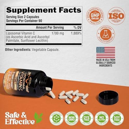 Liposomal Vitamin C 1700 mg - High Absorption Fat Soluble Complex - Antioxidant, Energy Boost & Immune Support - Vitamin C Supplement - NON-GMO, SOY-Free & Gentle on Stomach - 180 Capsules