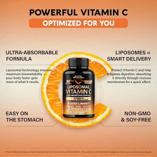 Liposomal Vitamin C 1700 mg - High Absorption Fat Soluble Complex - Antioxidant, Energy Boost & Immune Support - Vitamin C Supplement - NON-GMO, SOY-Free & Gentle on Stomach - 180 Capsules - görsel 6