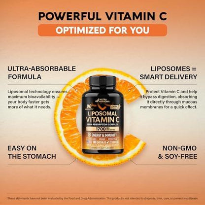 Liposomal Vitamin C 1700 mg - High Absorption Fat Soluble Complex - Antioxidant, Energy Boost & Immune Support - Vitamin C Supplement - NON-GMO, SOY-Free & Gentle on Stomach - 180 Capsules