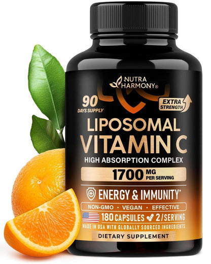 Liposomal Vitamin C 1700 mg - High Absorption Fat Soluble Complex - Antioxidant, Energy Boost & Immune Support - Vitamin C Supplement - NON-GMO, SOY-Free & Gentle on Stomach - 180 Capsules