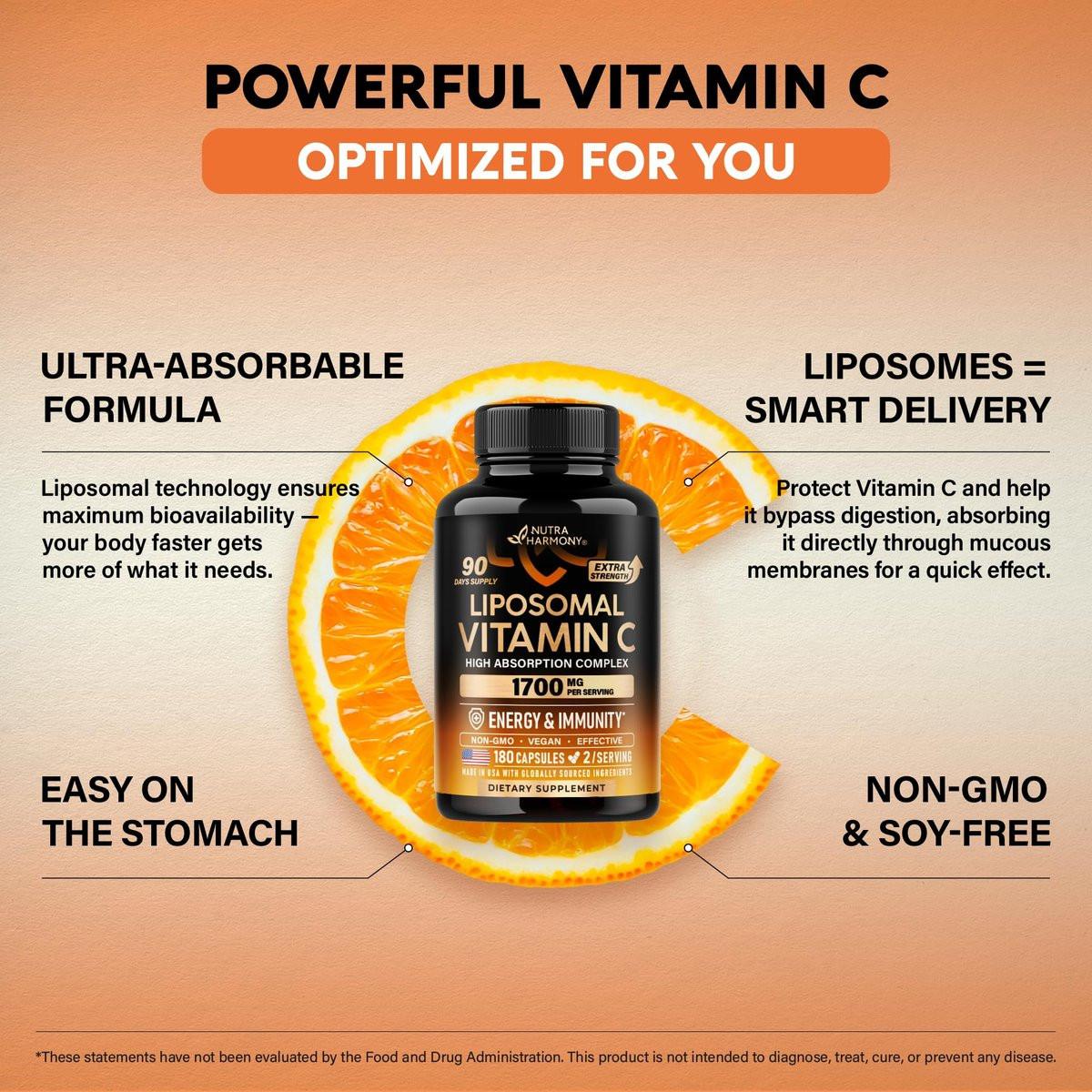 Liposomal Vitamin C 1700 mg - High Absorption Fat Soluble Complex - Antioxidant, Energy Boost & Immune Support - Vitamin C Supplement - NON-GMO, SOY-Free & Gentle on Stomach - 180 Capsules - görsel 5