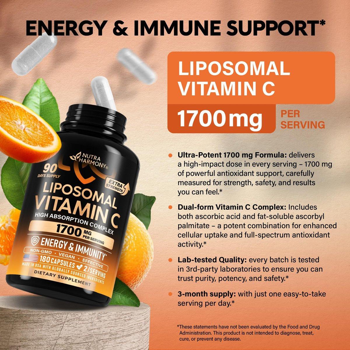 Liposomal Vitamin C 1700 mg - High Absorption Fat Soluble Complex - Antioxidant, Energy Boost & Immune Support - Vitamin C Supplement - NON-GMO, SOY-Free & Gentle on Stomach - 180 Capsules - görsel 7