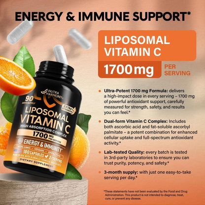 Liposomal Vitamin C 1700 mg - High Absorption Fat Soluble Complex - Antioxidant, Energy Boost & Immune Support - Vitamin C Supplement - NON-GMO, SOY-Free & Gentle on Stomach - 180 Capsules
