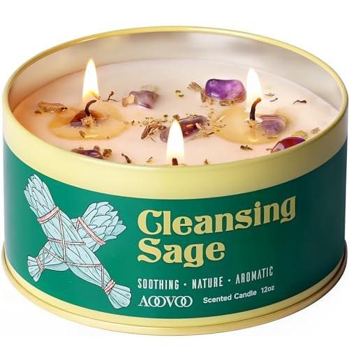 AOOVOO Sage Candle for Cleansing - 3 Wick 12oz Large Scented Candle with Crystals & Sage Leaves Inside, Soy Candles Non Toxic for Meditation Spiritual Gift, Aromatherapy Candle for Women Men - görsel 11